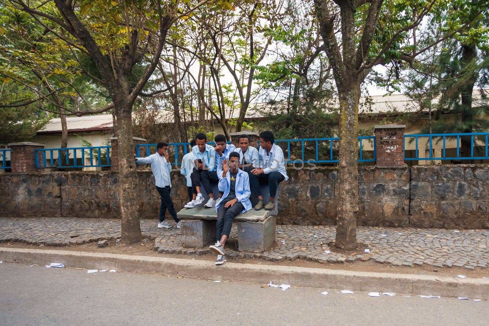 GONDAR, ETHIOPIA, APRIL 22.2019, Ethiopian students in uniform behind Fasiledes secondary school in Gondar City. Gondar, Ethiopia, April 22. 2019