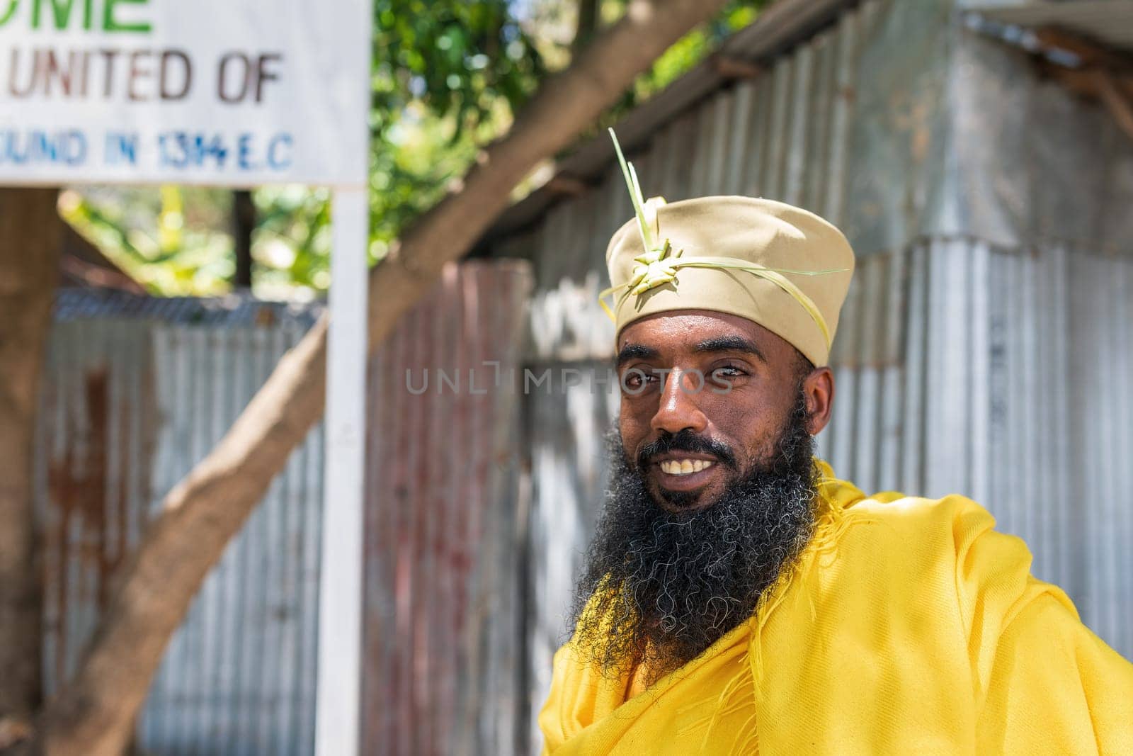 Bahir Dar, Ethiopia - April 21, 2019: Orthodox monk serving worship in Tana Haik Entons Eysus United Monastery on lake Tana near Bahir Dar. Ethiopia Africa