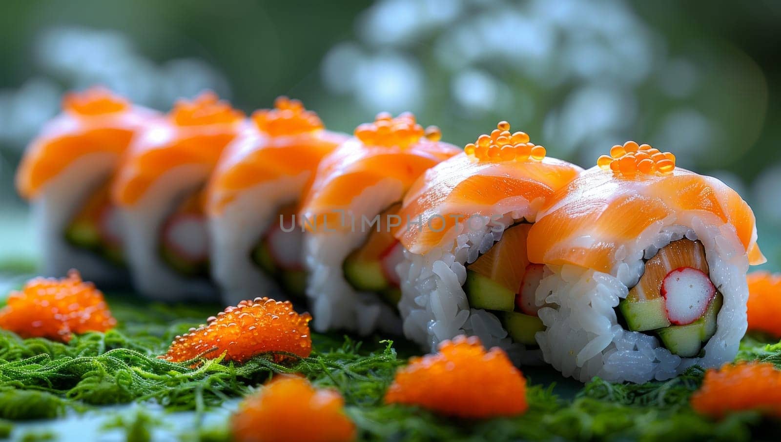 Sushi rolls adorned with salmon and caviar on a vibrant green surface