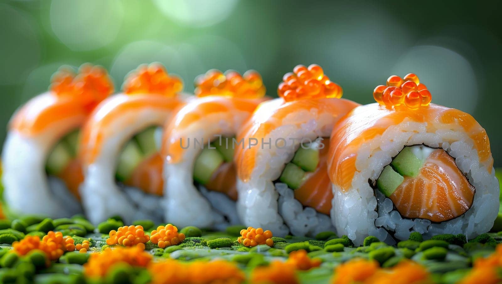 Sushi rolls with salmon and caviar on green background. Japanese food