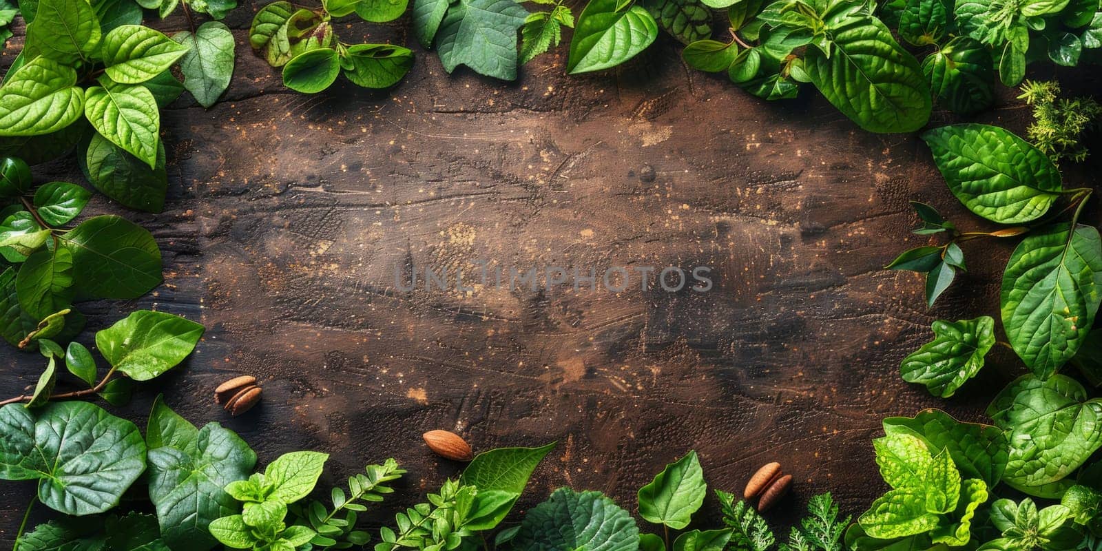 Fresh green leaves on rustic wooden background. Top view with copy space
