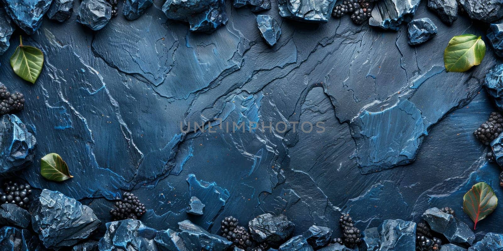 Blackberries on blue textured background. Top view, copy space