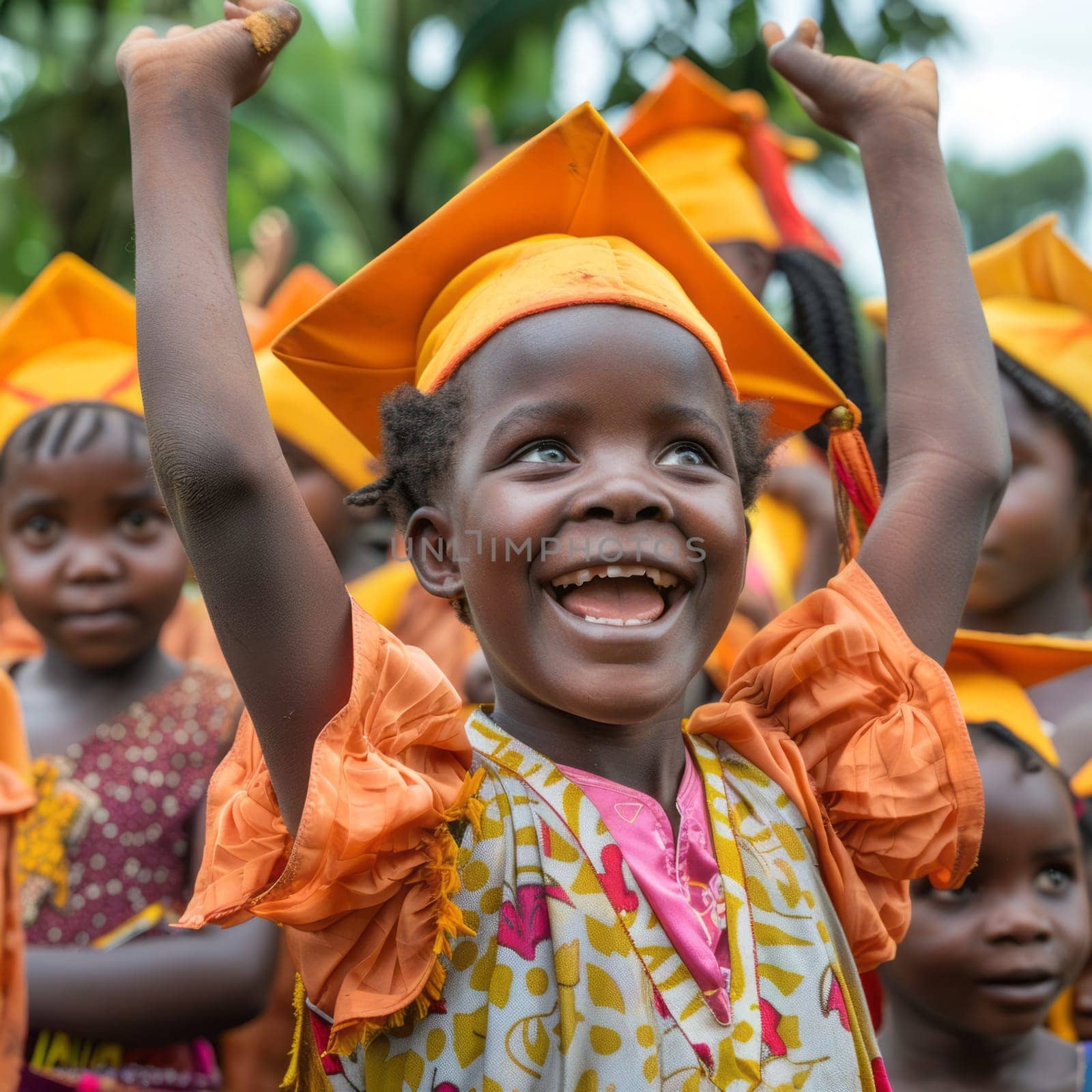 Children graduates in orange outfits celebrate, their faces expressing joy and achievement