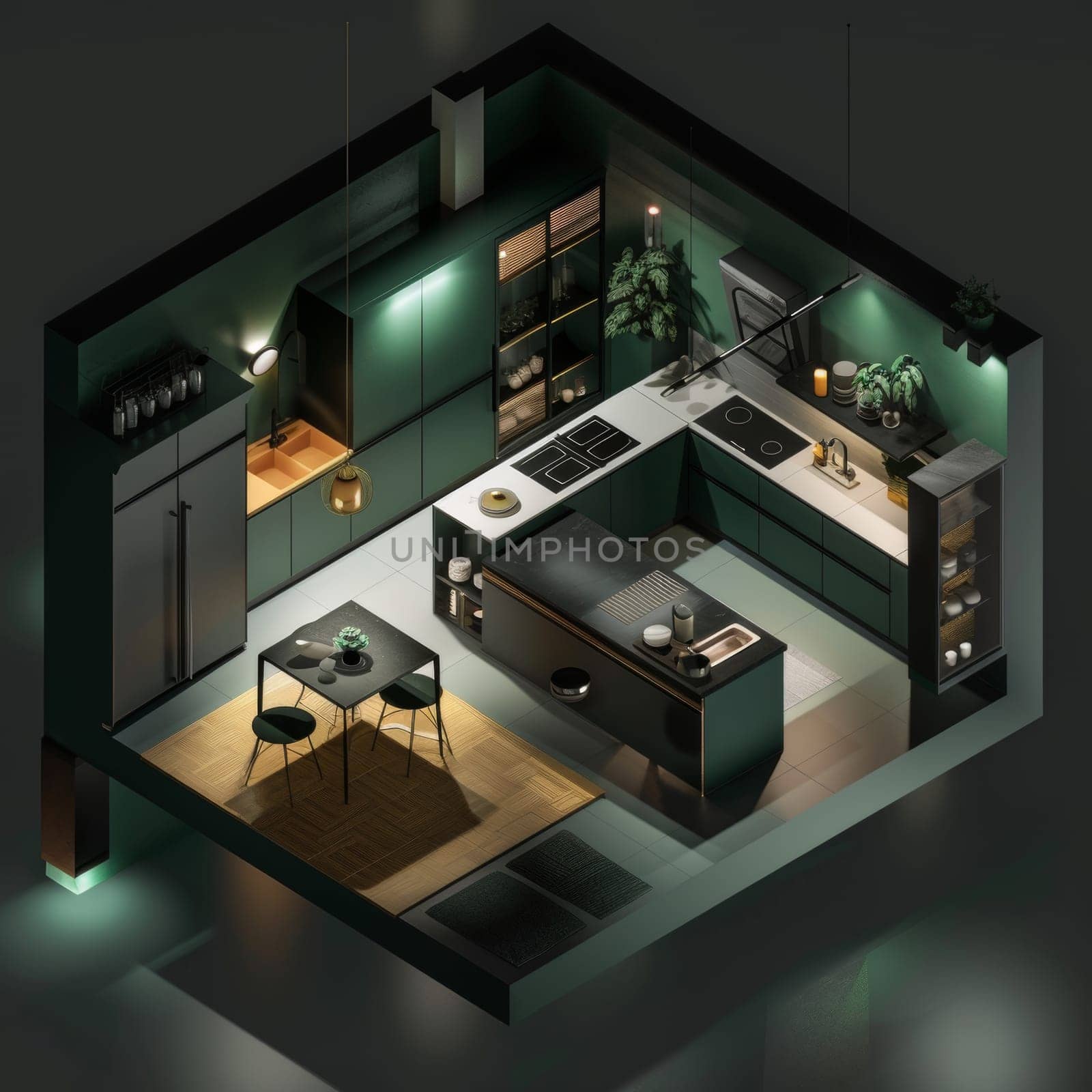 Overhead perspective of a kitchen and dining room with sleek countertops, dining table set for meal, and appliances neatly arranged