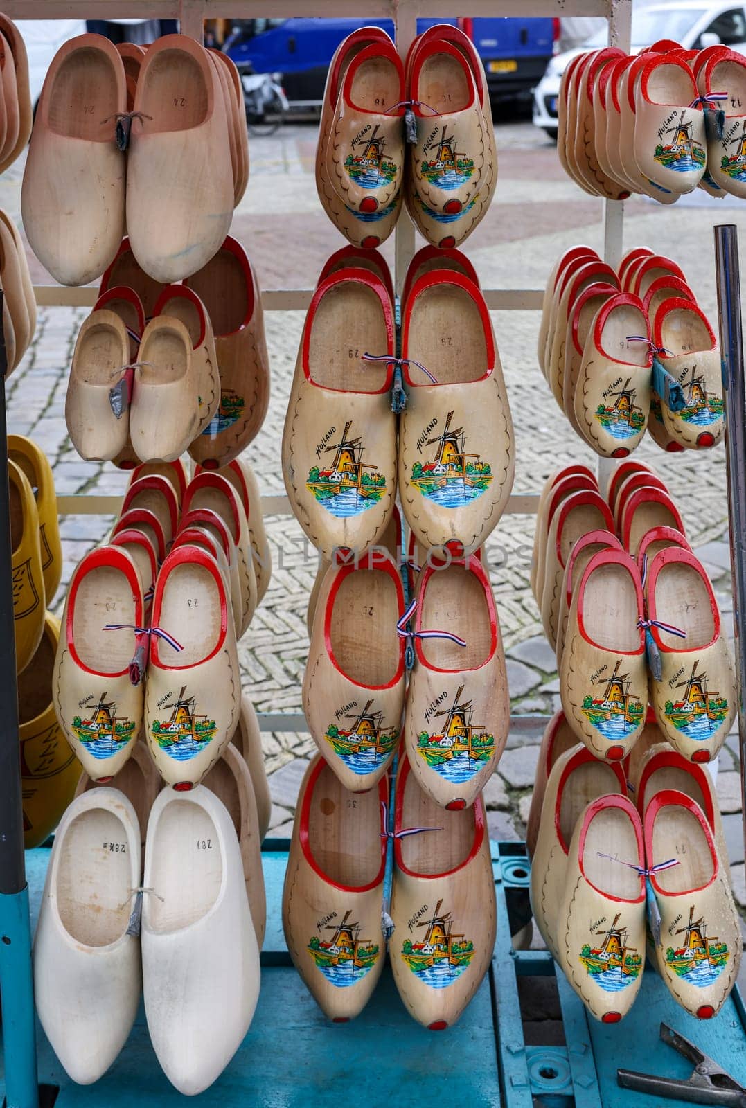 Gouda, the Nehterlands - April 20, 2023: Traditional Dutch Clogs for sale at the cheese market in Gouda. Holland, The Netherlands