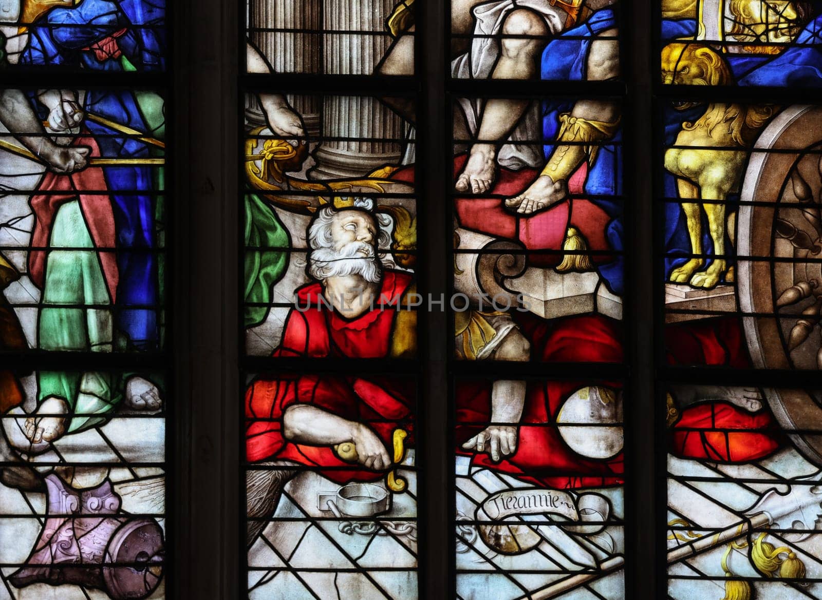 Gouda, the Nehterlands - April 20, 2023: The Stained glass window the Freedom of Conscience by Joachim Wtewael in the Sint Janskerk in Gouda, the Nehterlands