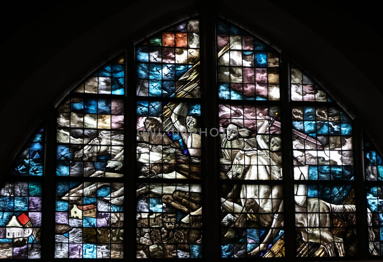 Gouda, the Nehterlands - April 20, 2023: The Stained glass number 28a The Liberation window 1947 by Charles Eyck in the Sint Janskerk
