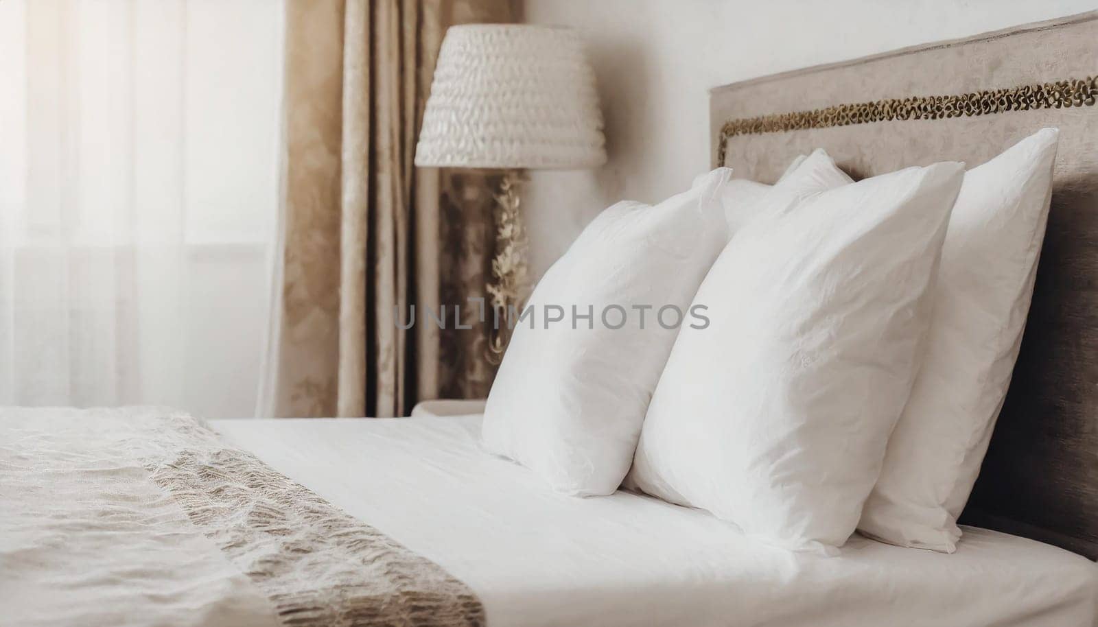 Clean Bedding sheets and pillow on natural wall room background. White bedding and pillow in hotel room. White pillows on empty bed.