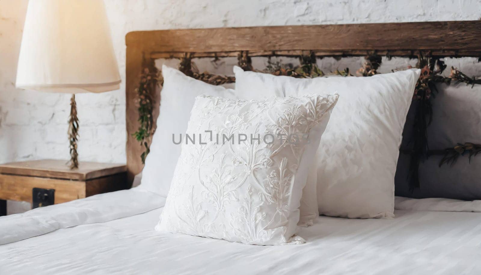 Clean Bedding sheets and pillow on natural wall room background. White bedding and pillow in hotel room. White pillows on empty bed.