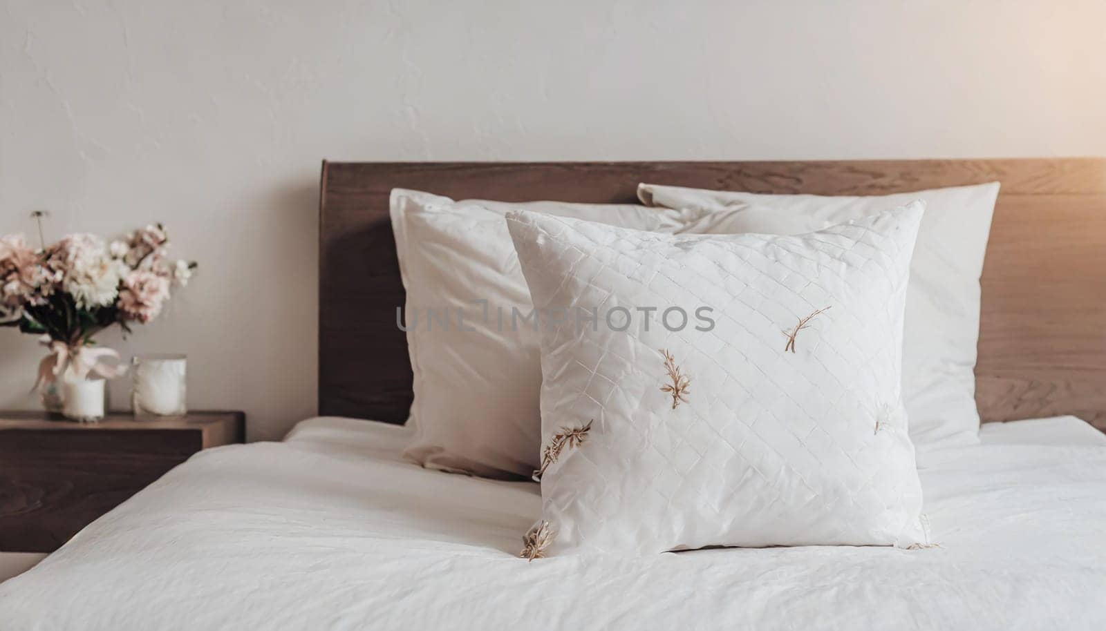 Clean Bedding sheets and pillow on natural wall room background. White bedding and pillow in hotel room. White pillows on empty bed.