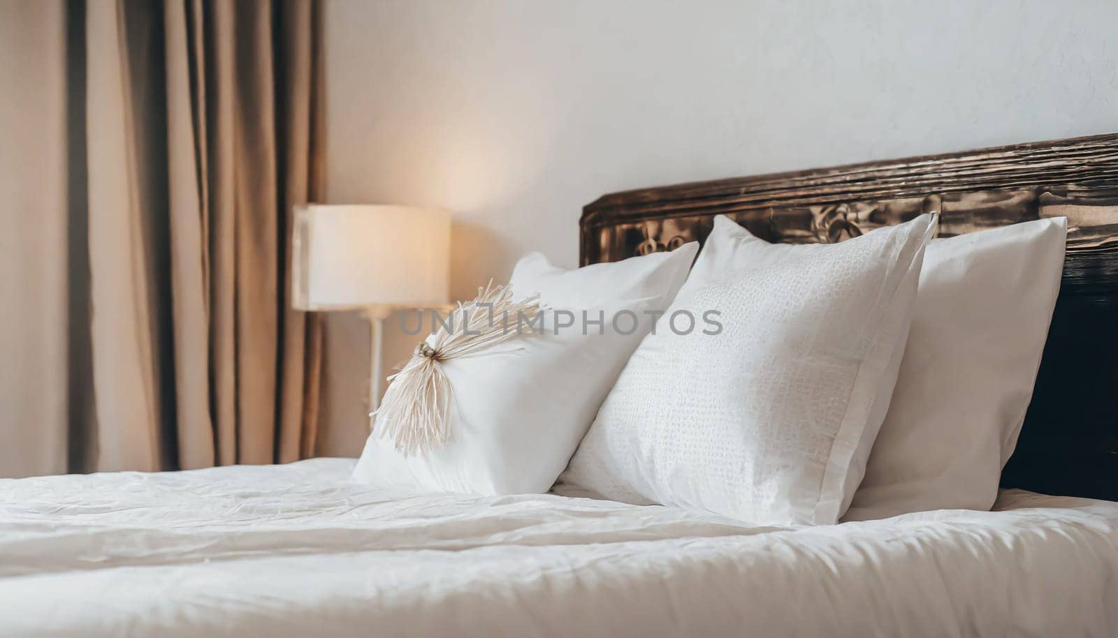 Clean Bedding sheets and pillow on natural wall room background. White bedding and pillow in hotel room. White pillows on empty bed.