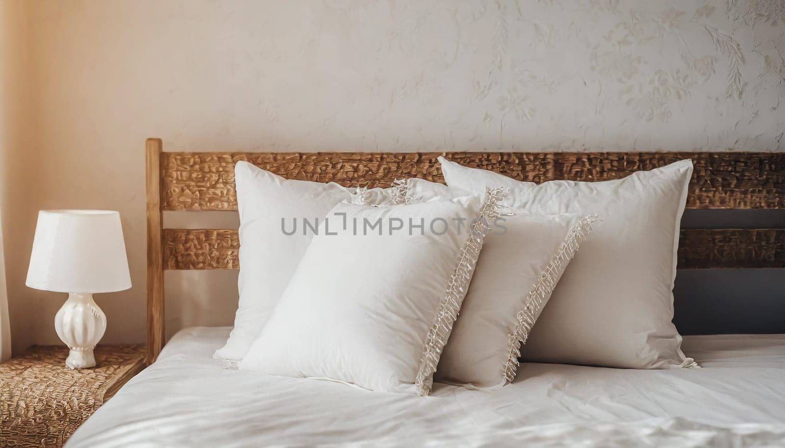 Clean Bedding sheets and pillow on natural wall room background. White bedding and pillow in hotel room. White pillows on empty bed.