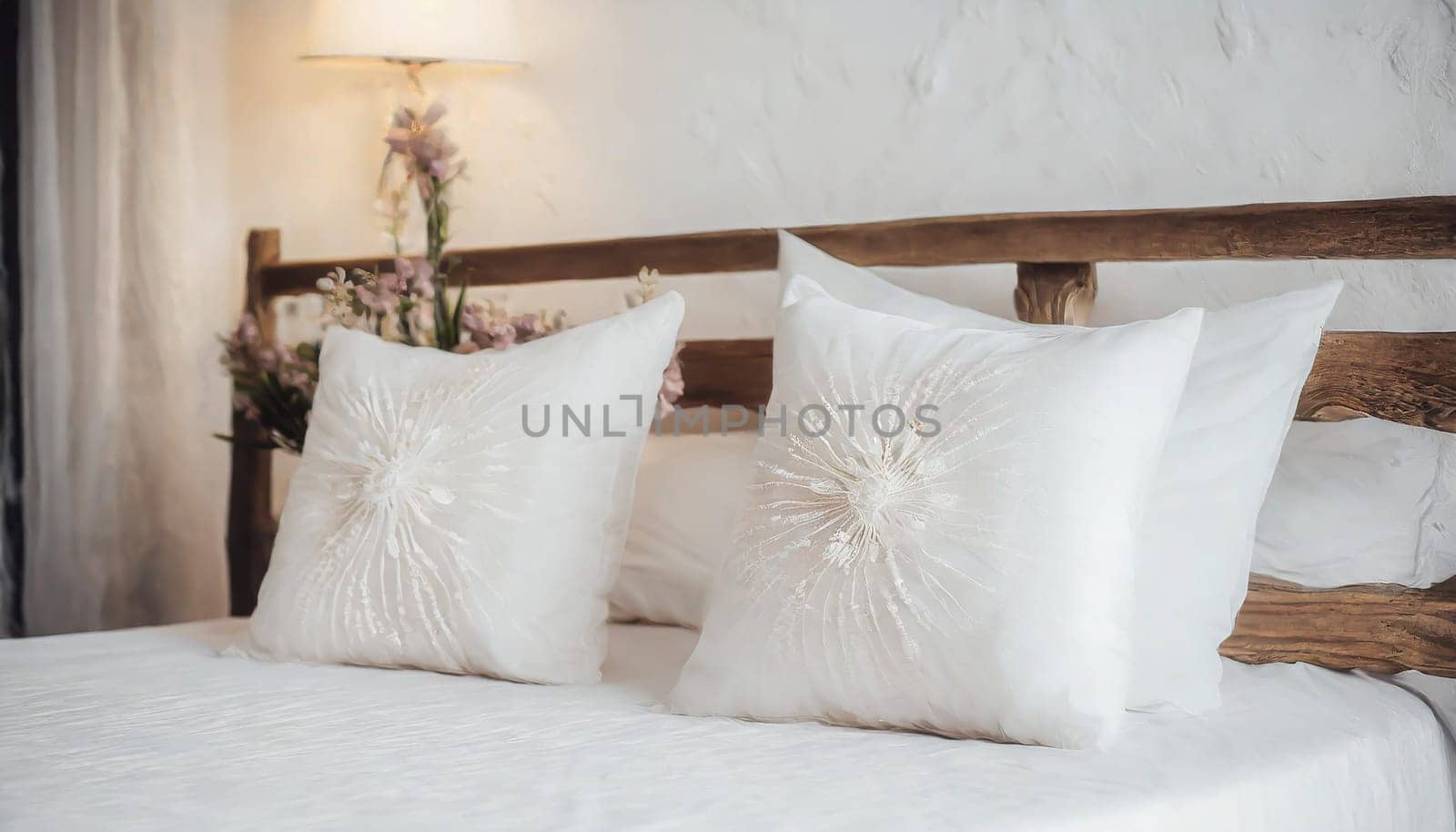 Clean Bedding sheets and pillow on natural wall room background. White bedding and pillow in hotel room. White pillows on empty bed.