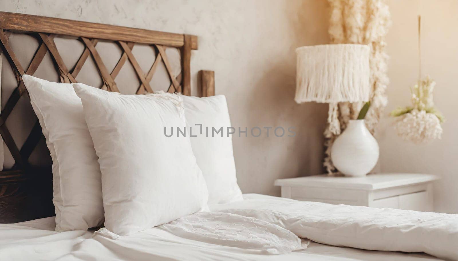 Clean Bedding sheets and pillow on natural wall room background. White bedding and pillow in hotel room. White pillows on empty bed.
