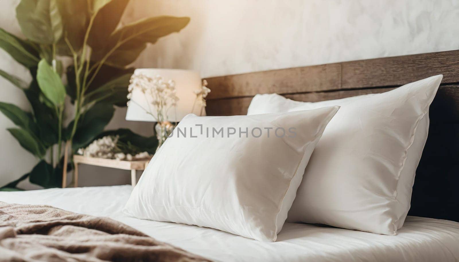 Clean Bedding sheets and pillow on natural wall room background. White bedding and pillow in hotel room. White pillows on empty bed.