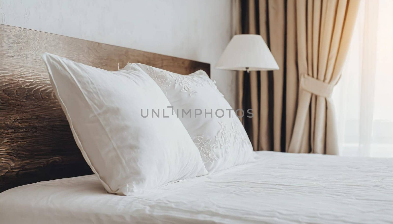 Clean Bedding sheets and pillow on natural wall room background. White bedding and pillow in hotel room. White pillows on empty bed.