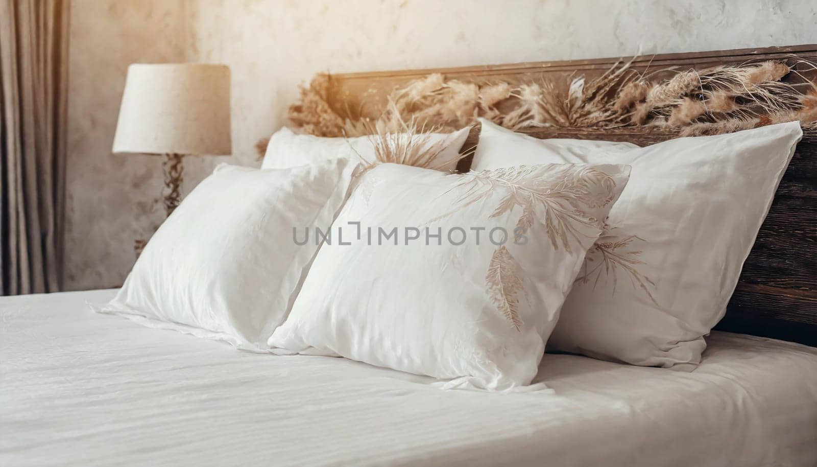 Clean Bedding sheets and pillow on natural wall room background. White bedding and pillow in hotel room. White pillows on empty bed.