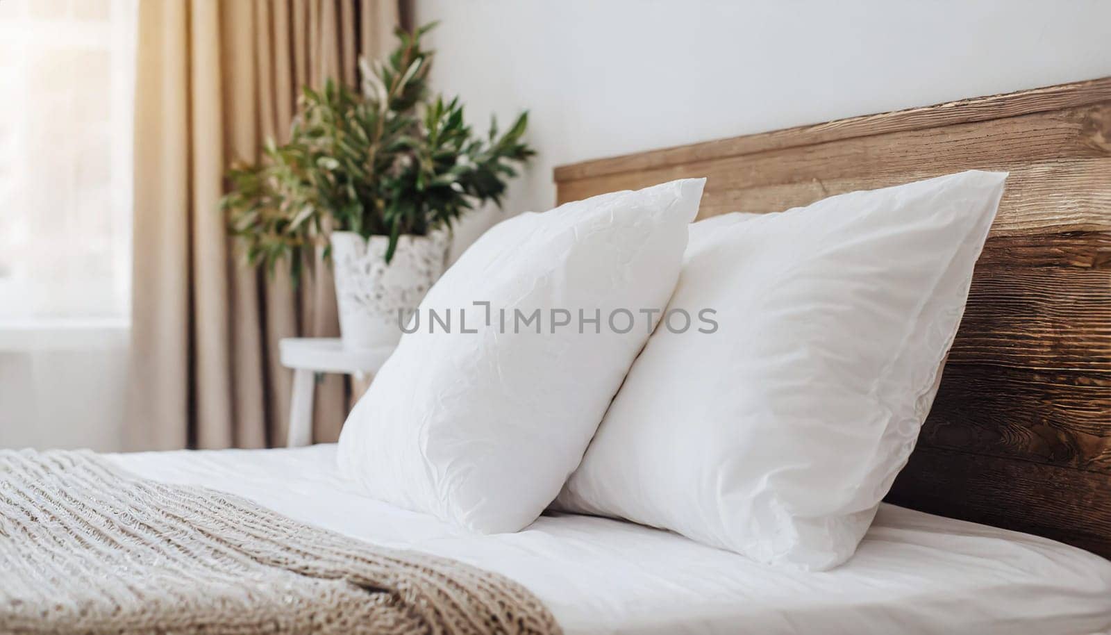 Clean Bedding sheets and pillow on natural wall room background. White bedding and pillow in hotel room. White pillows on empty bed.