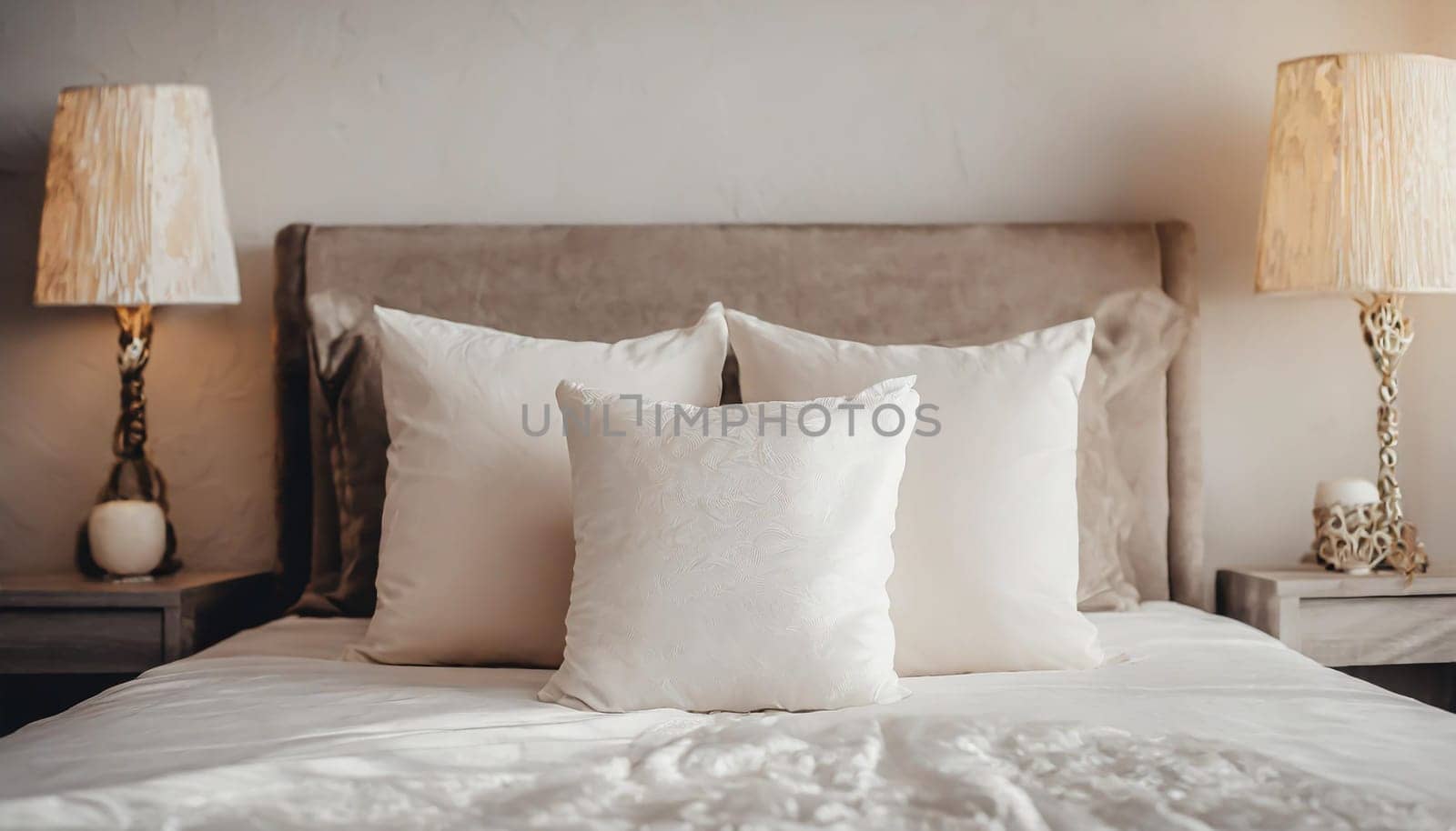 Clean Bedding sheets and pillow on natural wall room background. White bedding and pillow in hotel room. White pillows on empty bed.