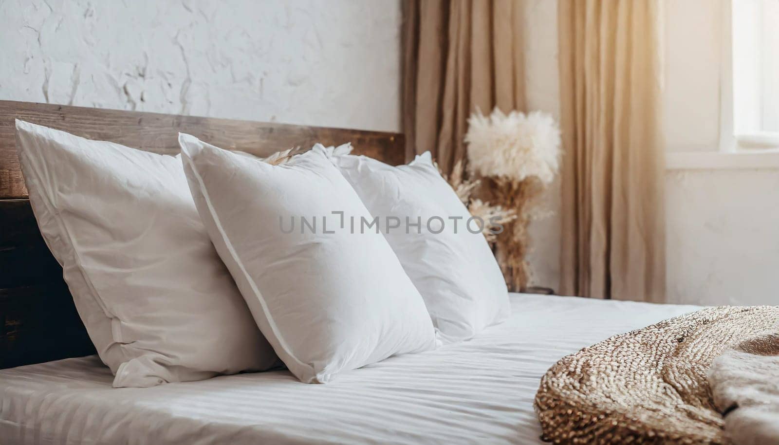 Clean Bedding sheets and pillow on natural wall room background. White bedding and pillow in hotel room. White pillows on empty bed.