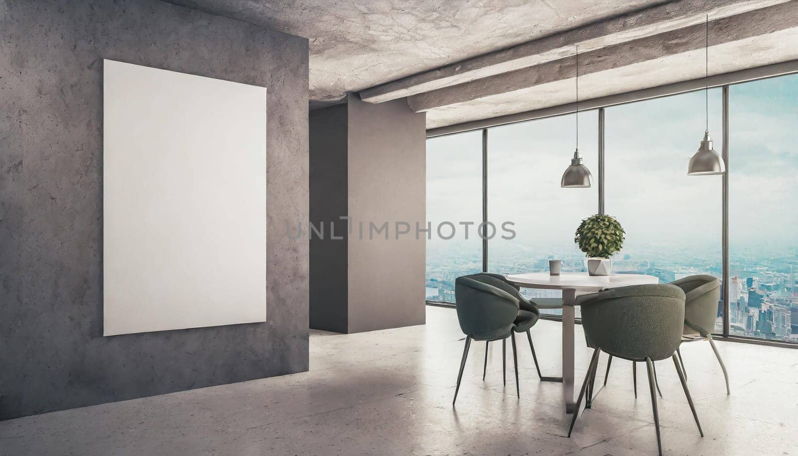 Loft, modern interior mockup with empty frame and decorative elements on concrete textured wall with green plants on on pot.Luxury hotel resort background. Vacation template. Minimal.