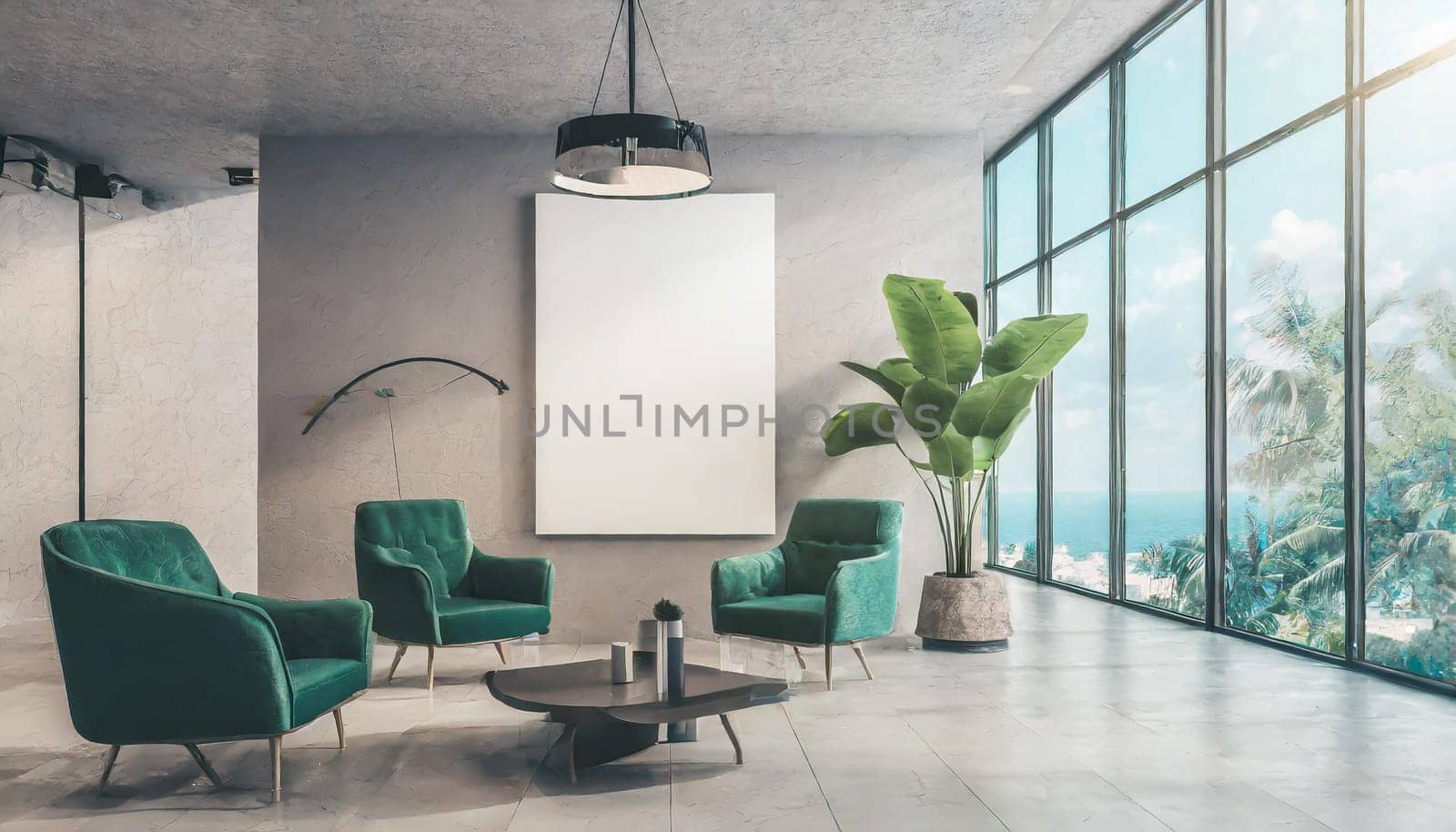 Loft, modern interior mockup with empty frame and decorative elements on concrete textured wall with green plants on on pot.Luxury hotel resort background. Vacation template. Minimal.