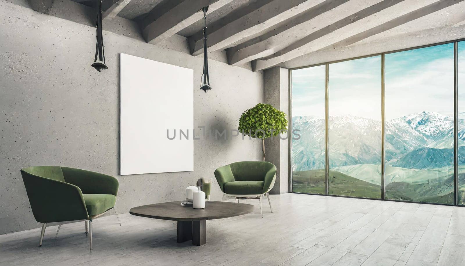 Loft, modern interior mockup with empty frame and decorative elements on concrete textured wall with green plants on on pot.Luxury hotel resort background. Vacation template. Minimal.