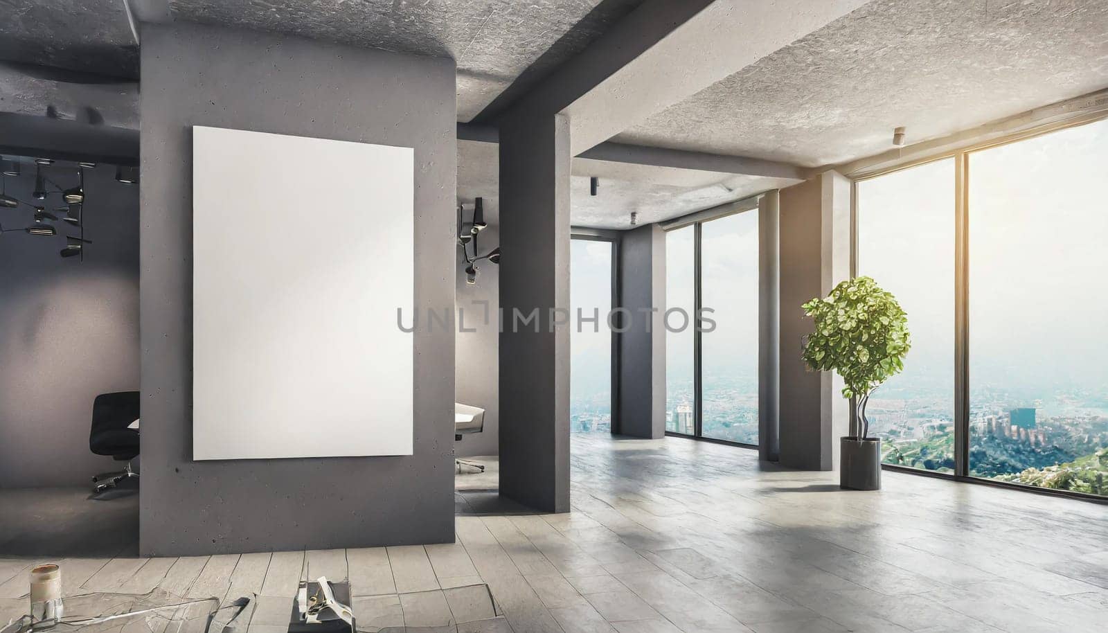 Loft, modern interior mockup with empty frame and decorative elements on concrete textured wall with green plants on on pot.Luxury hotel resort background. Vacation template. Minimal.