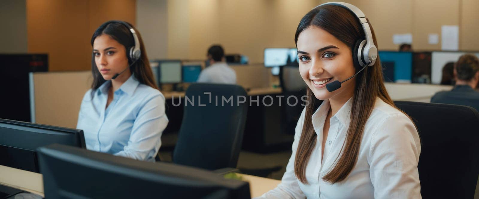 Two professional women in their 20s wearing headsets and working at a call center, showcasing teamwork and communication in a modern office environment.