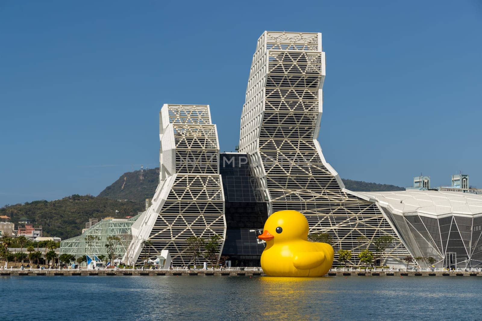 Kaohsiung, Taiwan, 01 February 2024: Rubber duck in Kaohsiung Music Center at Taiwan