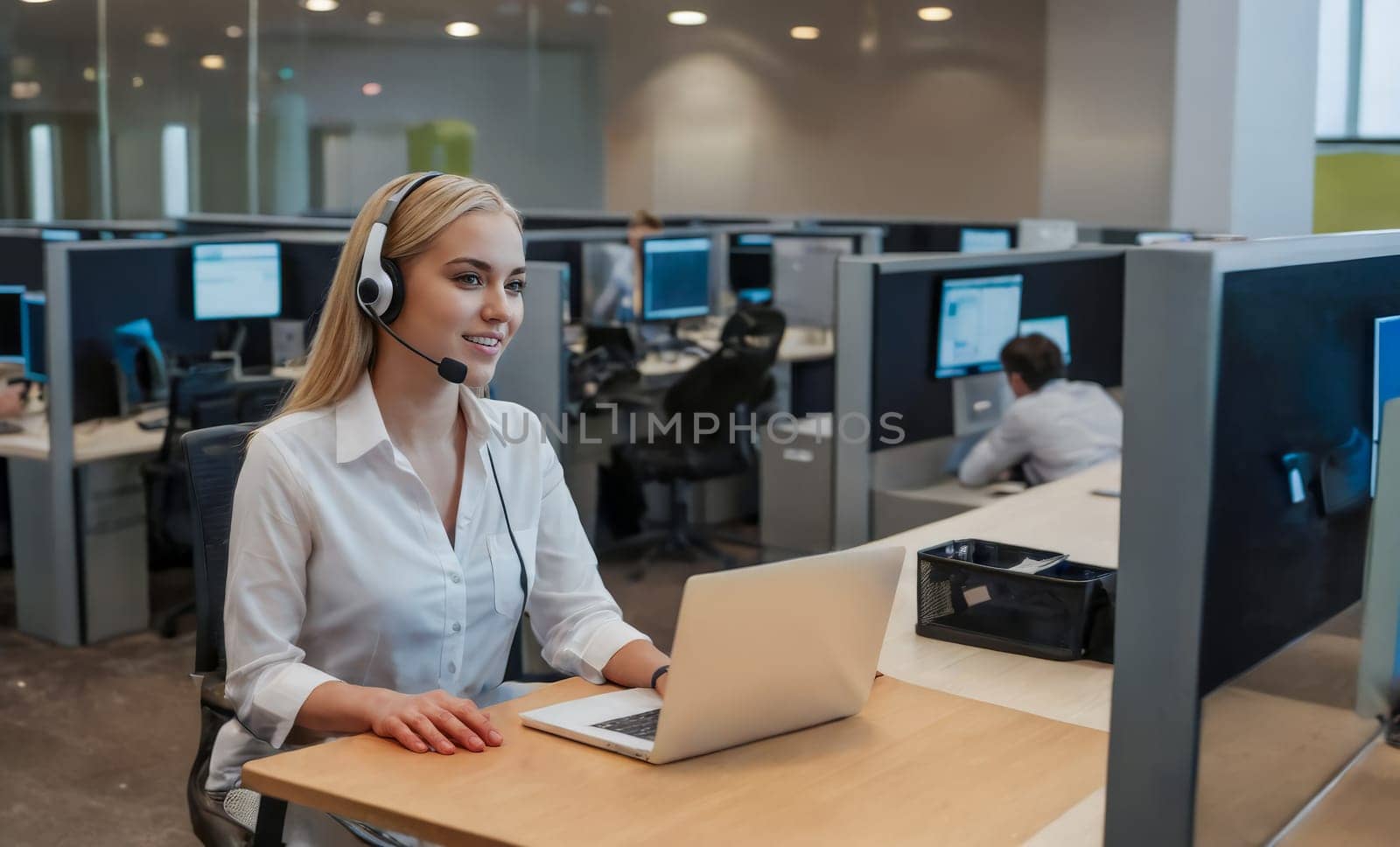 A professional young woman in her 20s sits at a tech support center, confidently assisting clients over her headset, showcasing efficient customer service in a modern office environment.