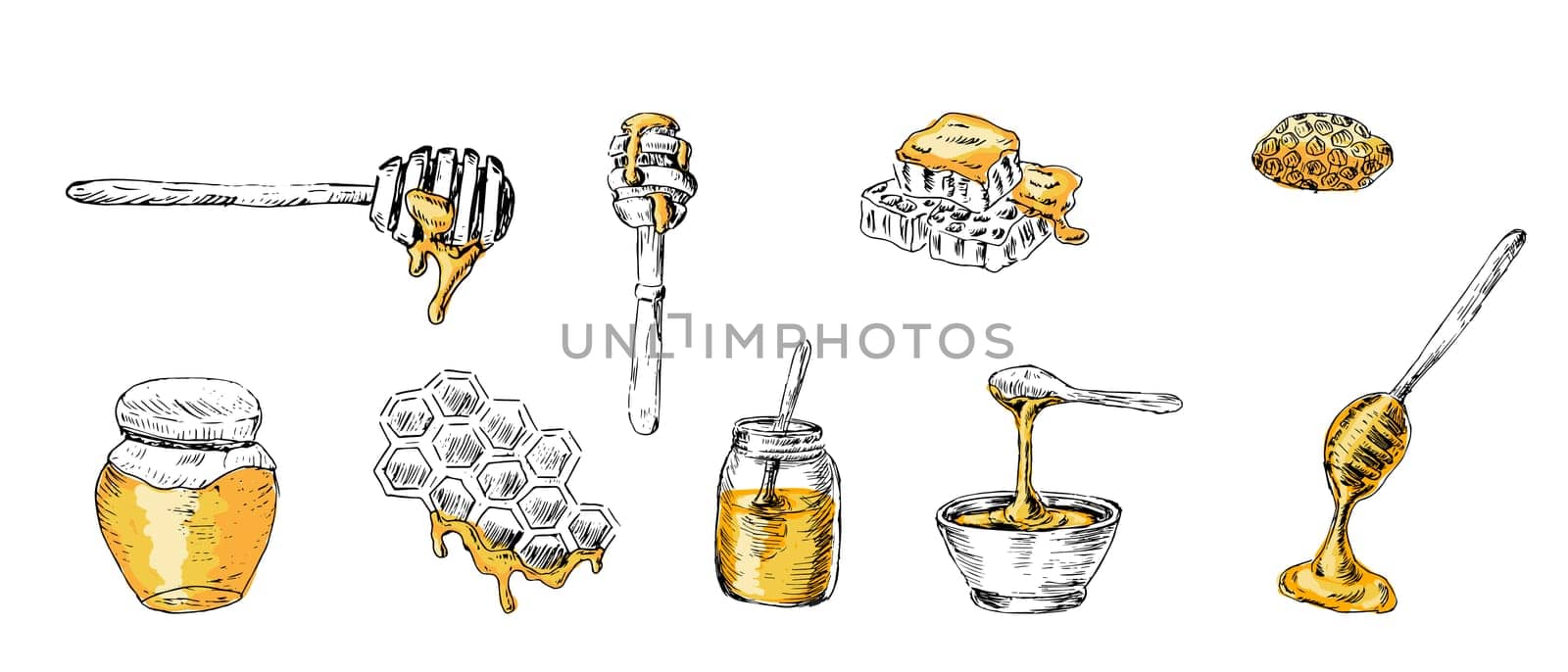 Honey products comb, jar in hand drawn sketch in color - big set. Vector illustration can used for wrapping paper, label, poster, cards. Engraved or ink vector honey illustrations.
