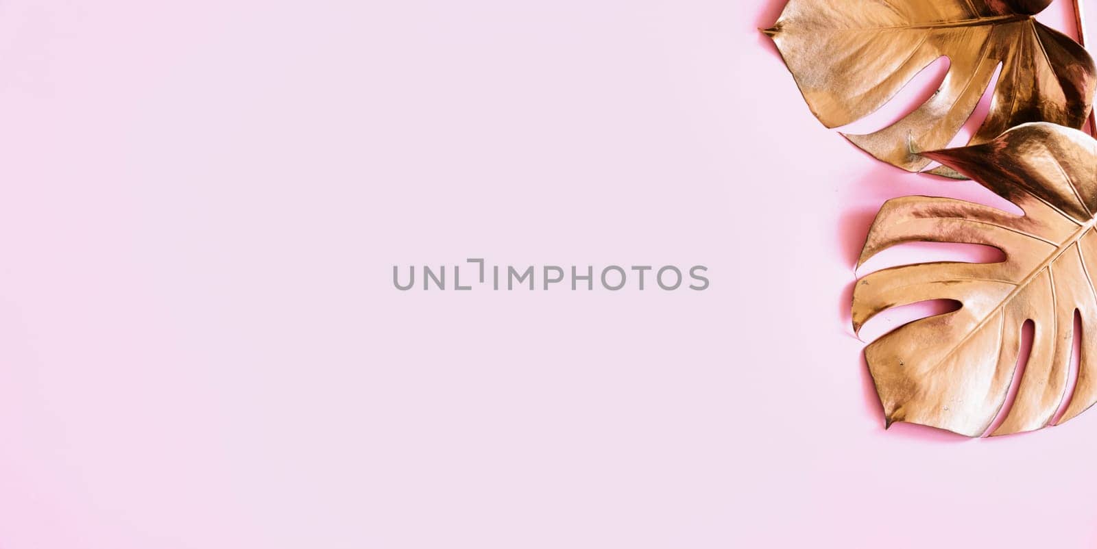 Golden monstera leaf on bright pastel background. Clean minimal flat lay design. Tropical gold foliage for trendy layout. Luxury fashion concept.