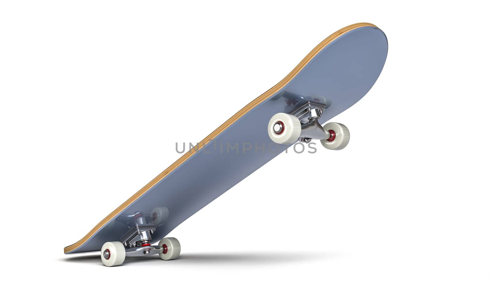 3d rendering of a skateboard caught mid-air on an isolated white backdrop