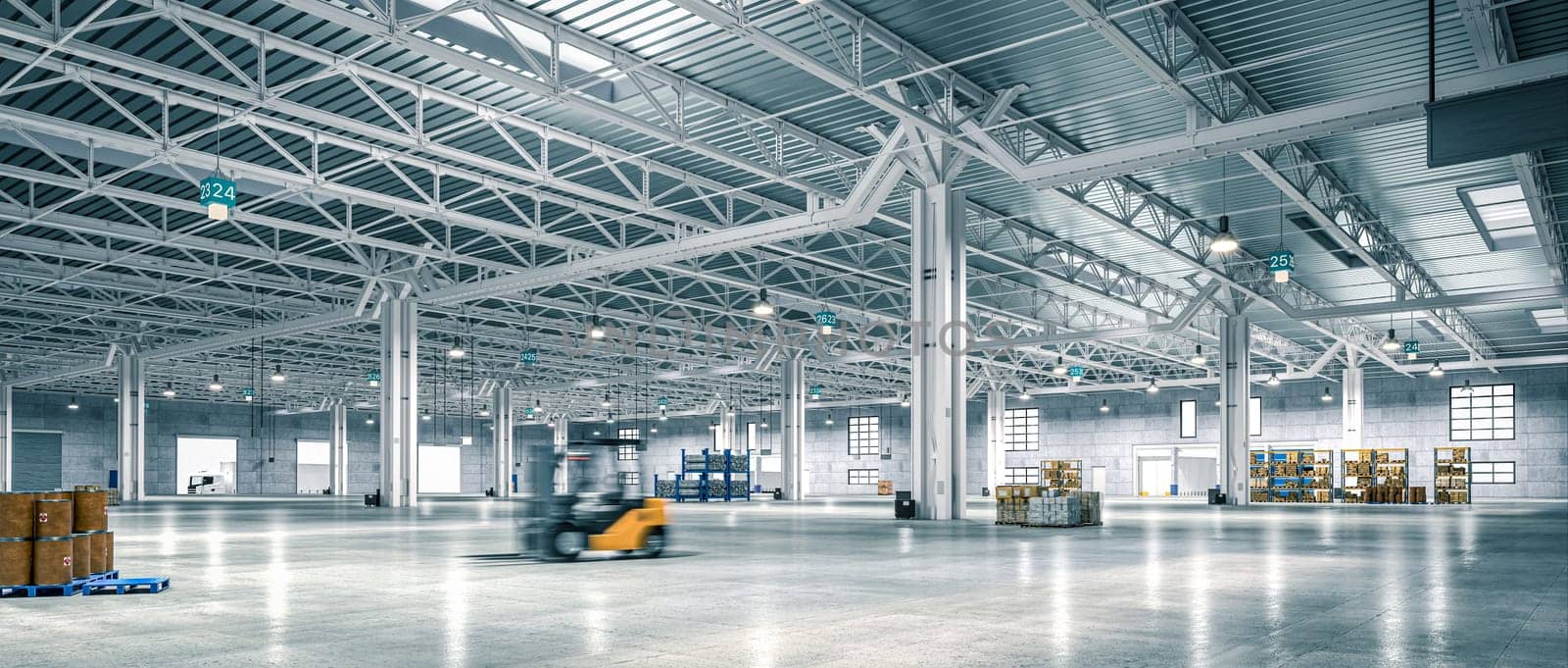 Wide-angle view of a spacious, well-lit warehouse with forklift in motion blur. 3d render
