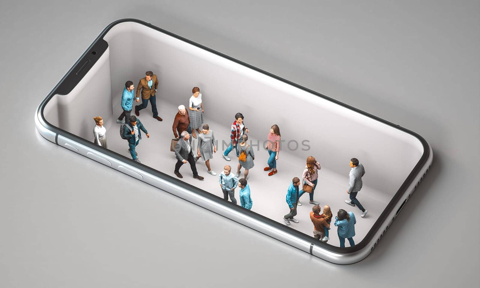 A conceptual image featuring small 3d figures inside a smartphone