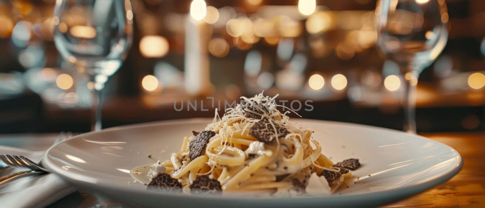 Gourmet pasta with truffles on a white plate, elegant setting with wine glasses and warm lighting