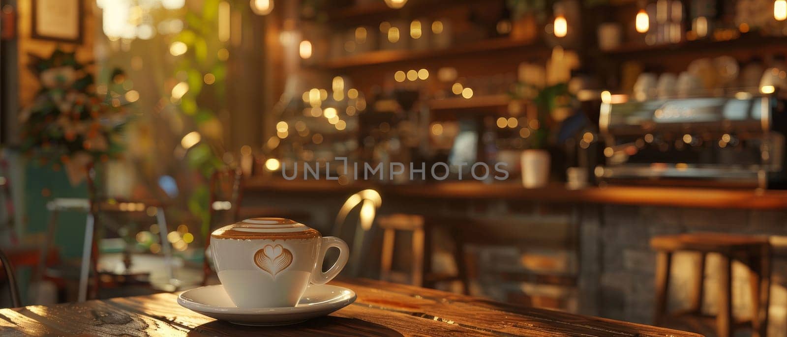 A steaming cup of coffee with latte art on a wooden table, illuminated by sunlight filtering through a window