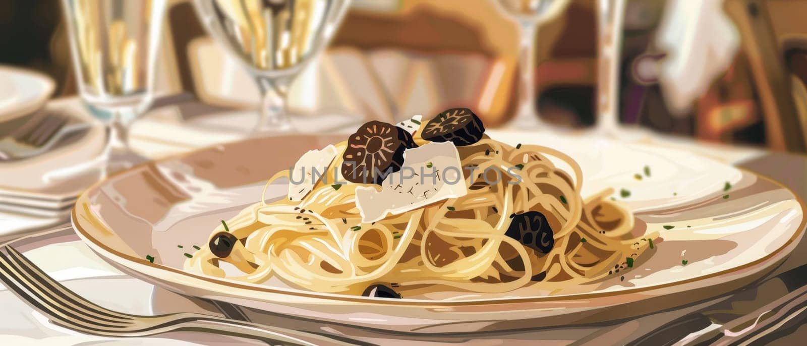 Gourmet pasta with truffles on a white plate, elegant setting with wine glasses and warm lighting