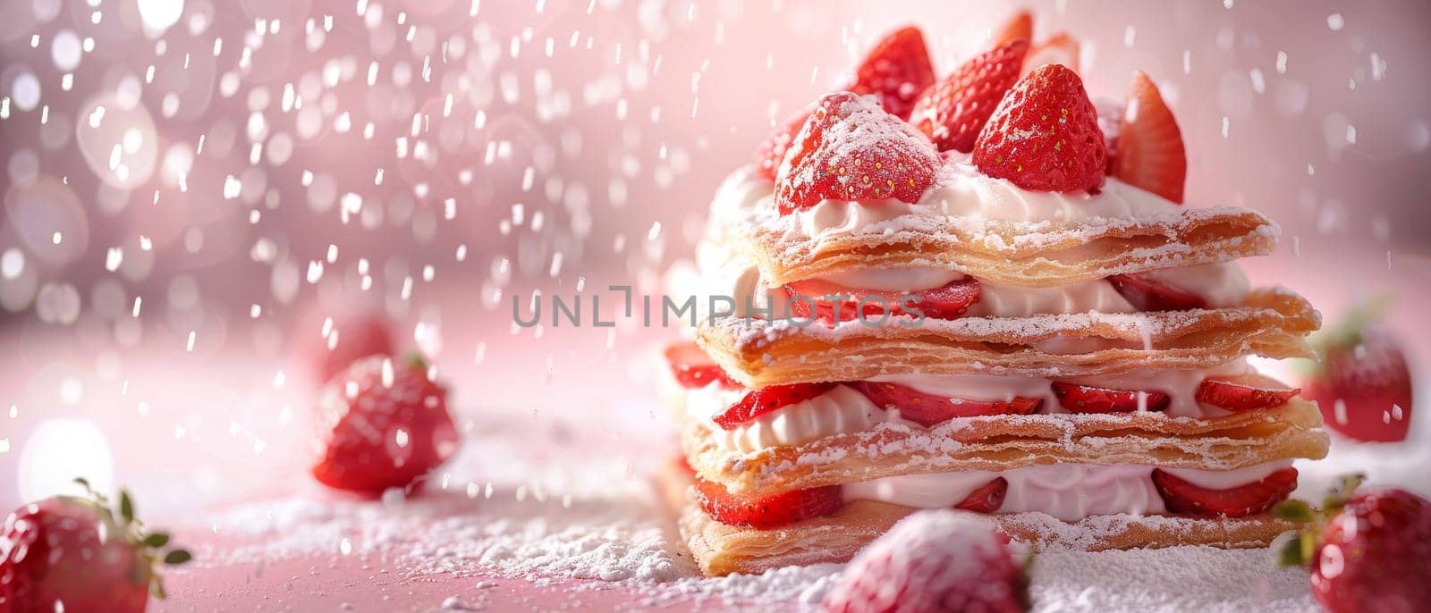 A delicious strawberry pastry, dusted with powdered sugar, amidst a magical, sparkling pink background