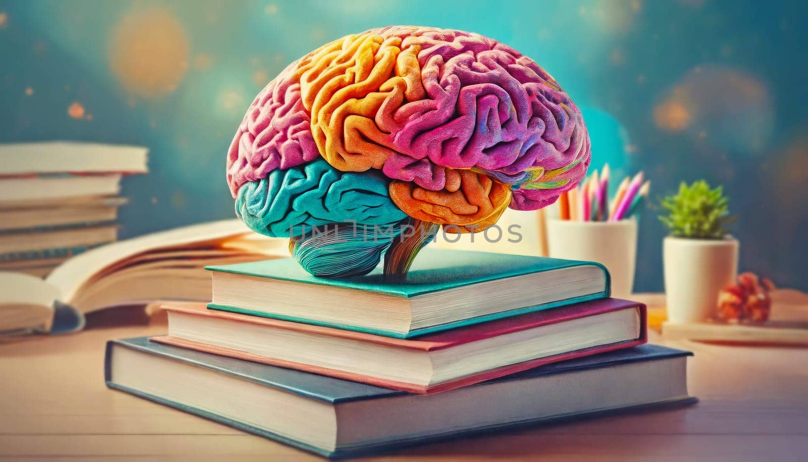 Colorful brain on the top of books pile. Creative education conceptual background