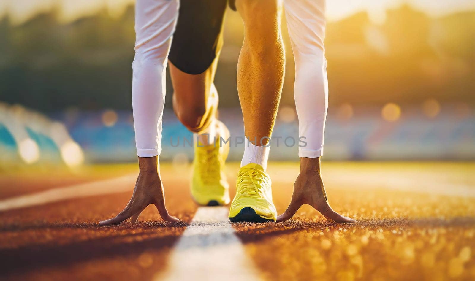 Closeup runner feet and hands in running position on the race arena during sunset. Athlete before the sprint start
