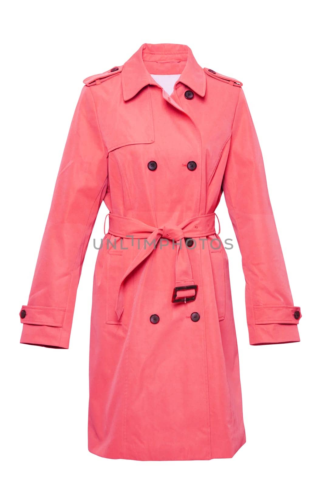 Woman coat isolated. A luxurious and stylish elegant female red  trenchcoat on mannequin isolated on a white background. Trench coat for spring and summer fashion.
