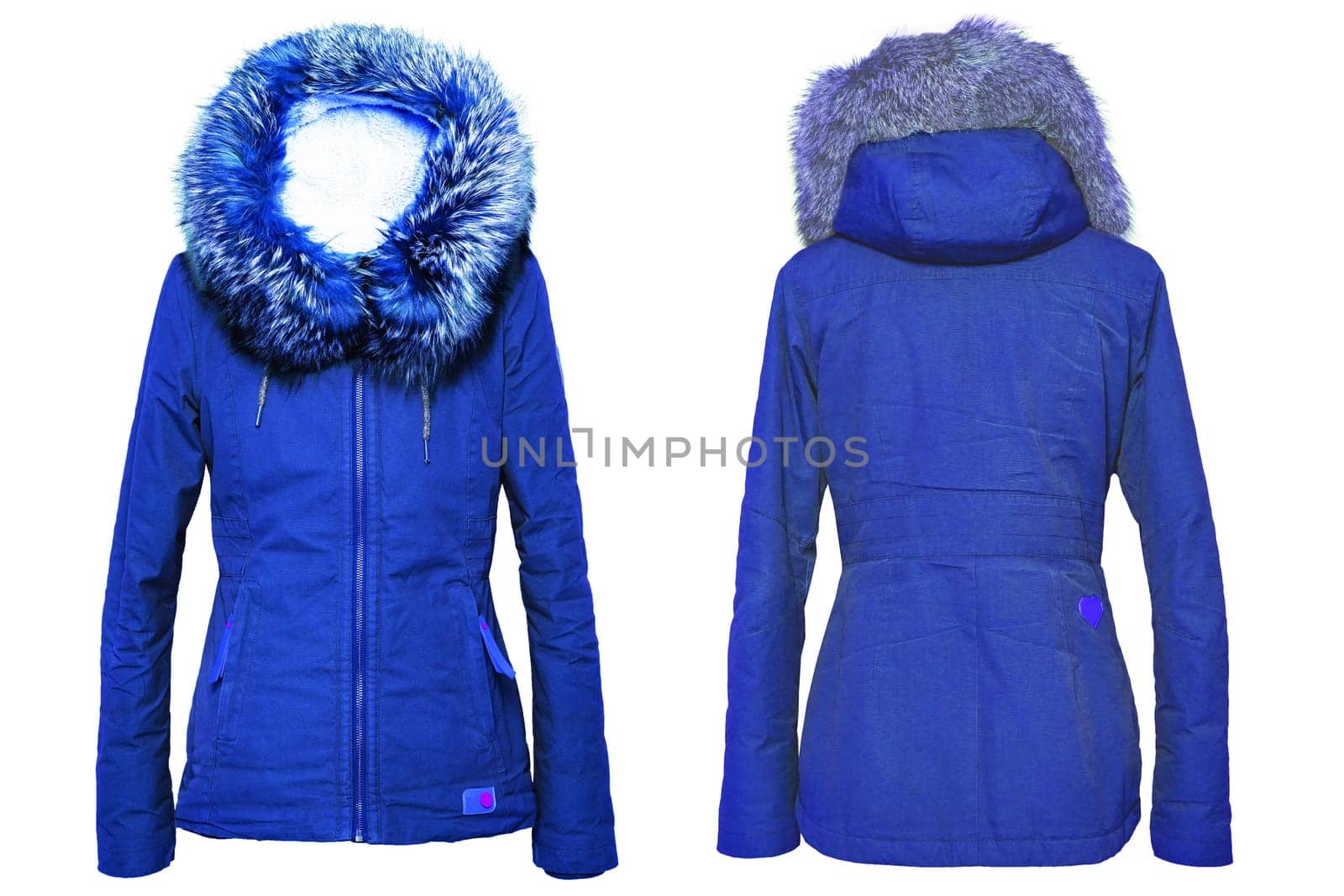 Woman clothes. Stylish blue female winter jacket with fur hood on mannequin isolated on a white background. Girls winter fashion.