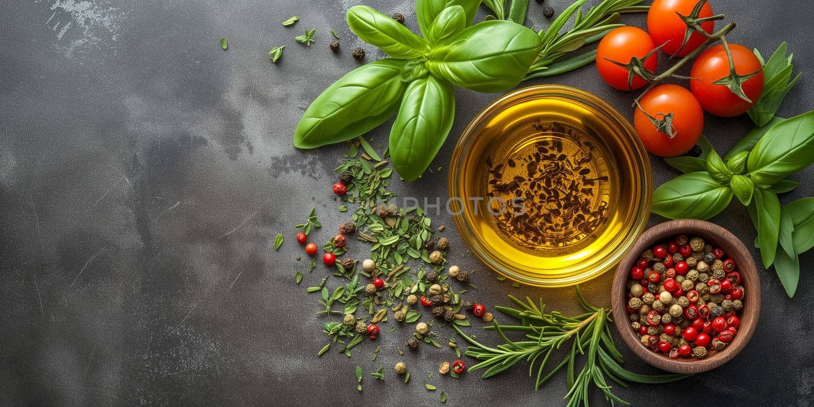 Olive oil with fresh herbs, spice rosemary and basil leaf, pepper and tomato, mediterranean food ingredients