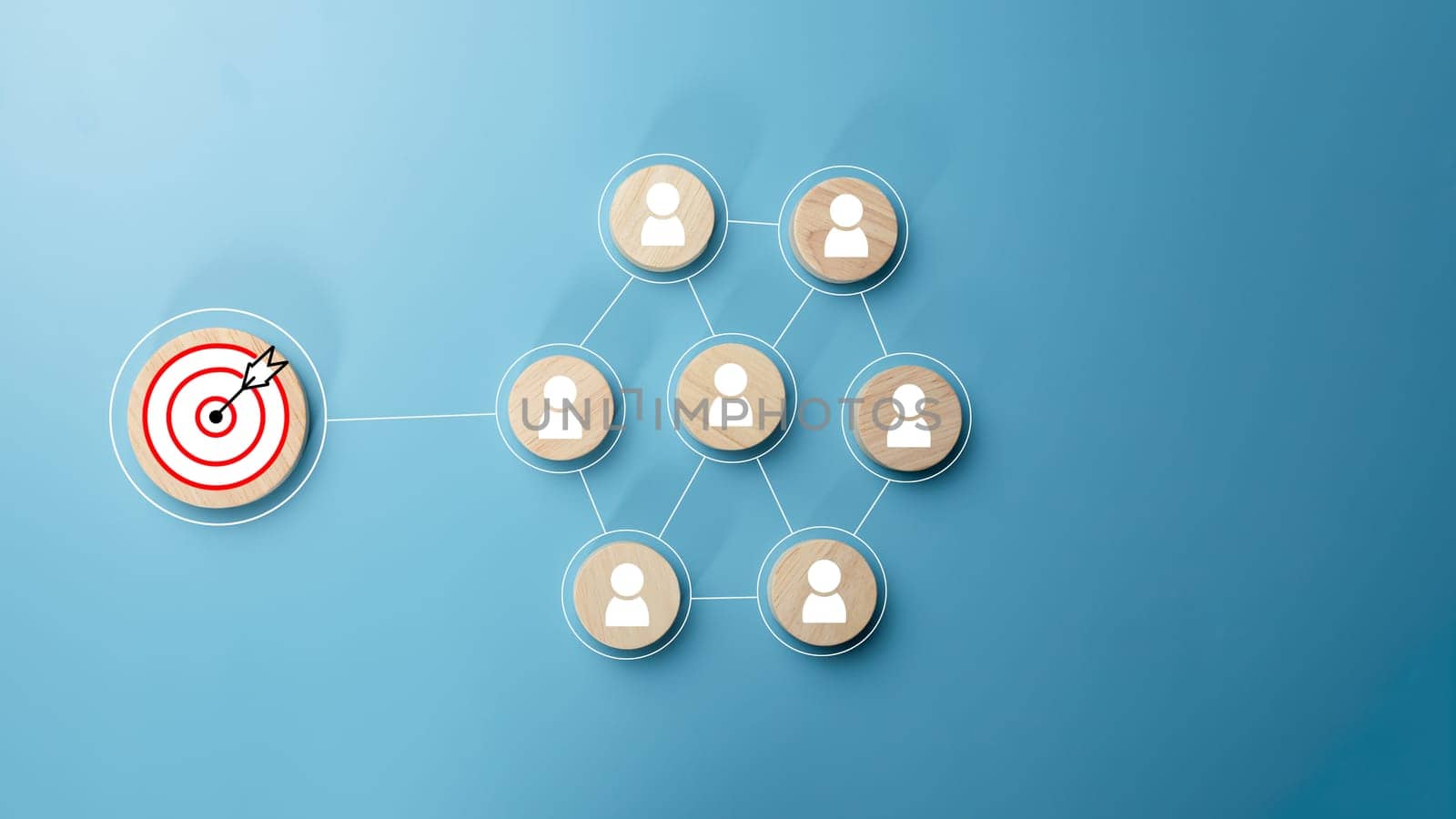 Circular wood with printed target icons and business symbols on light blue background, business goals and objectives concept, business competition, Customer relationship management concept.