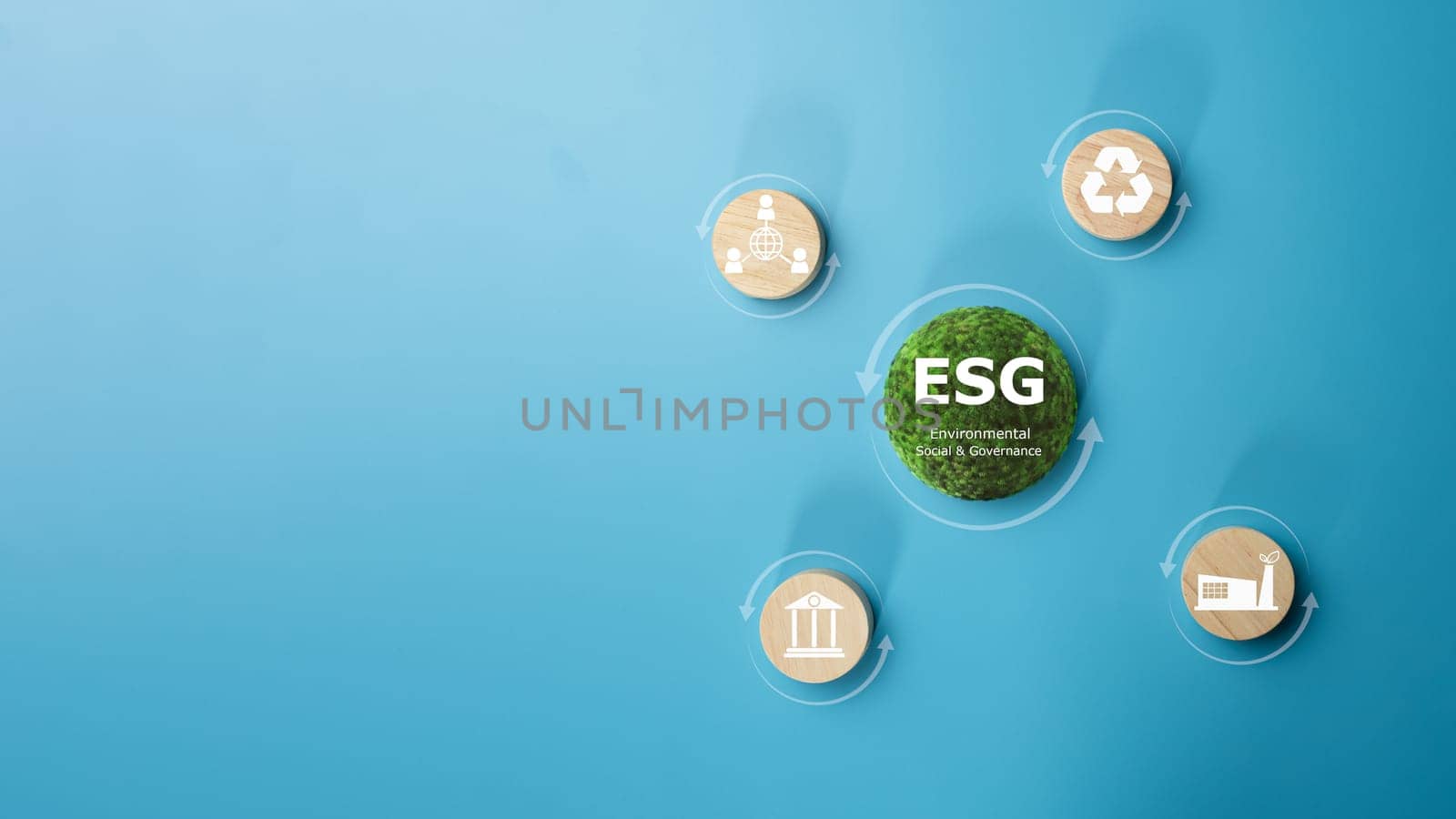 ESG concepts for sustainable environment, society and governance Businesses are environmentally responsible, A circular wooden board with the abbreviation ESG printed on a light blue background.