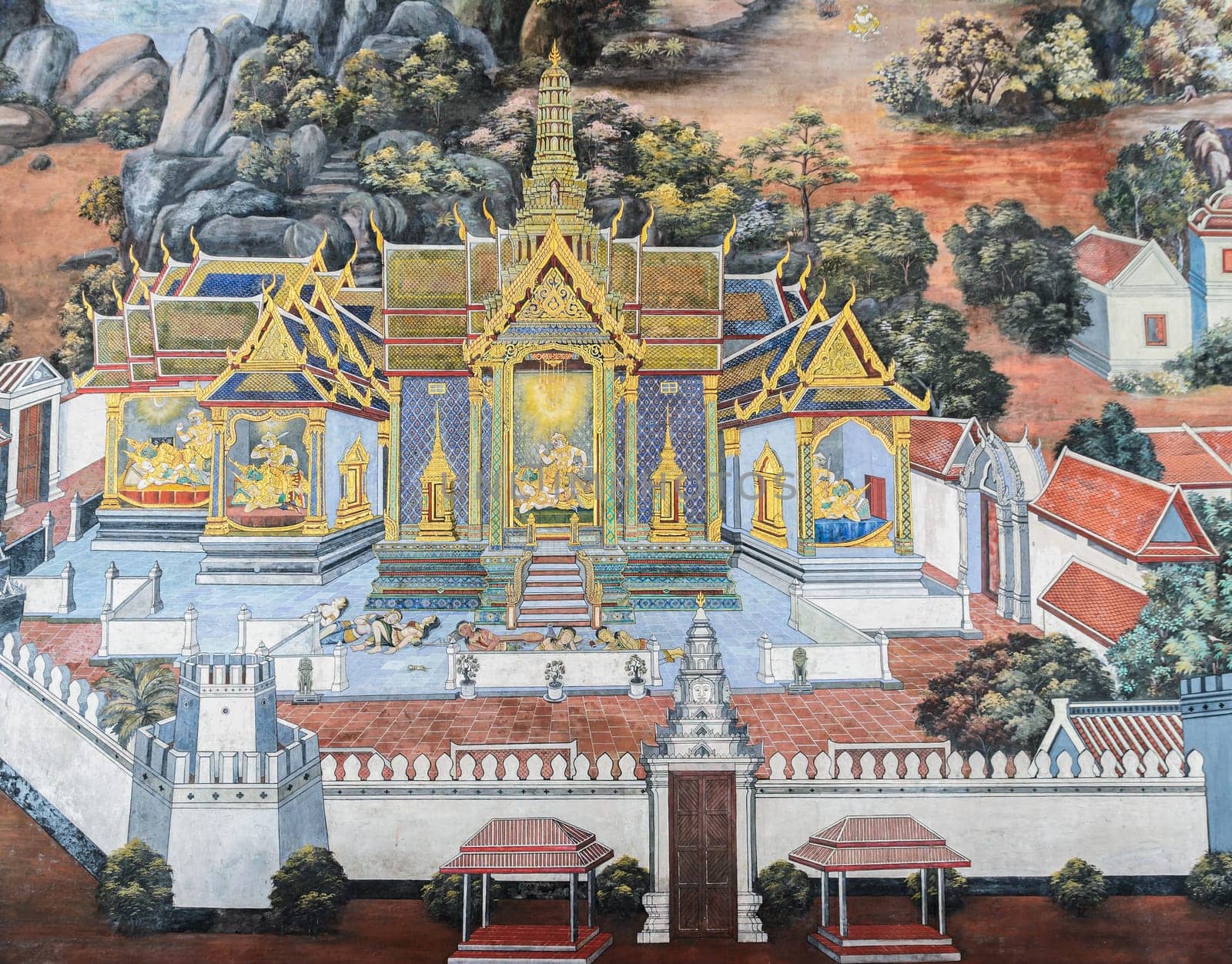 Bngkok, Thailand - December 29, 2017: Ancient Thai mural painting of Ramakien epic inside of Wat Phra Kaew in Bangkok, Thailand.Ramakien is national epic of Thailand derived from Hindu Ramayana epic.