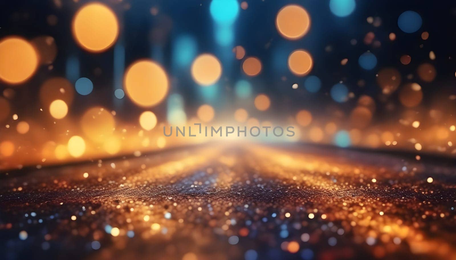 AI generated glitter vintage lights background.In gold, blue and black color. de-focused