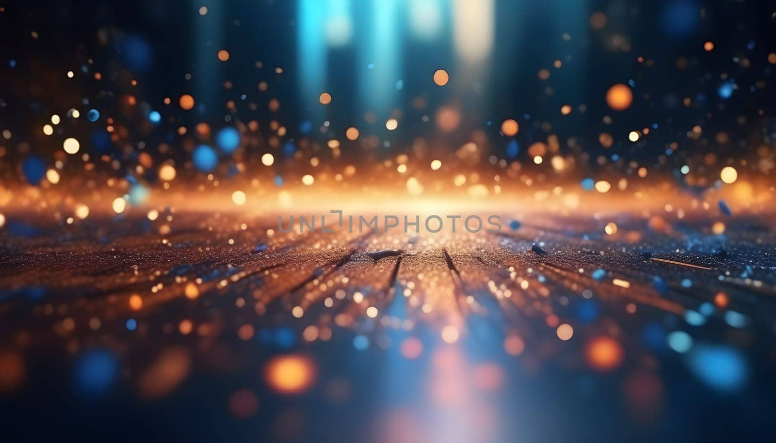 AI generated glitter vintage lights background.In gold, blue and black color. de-focused
